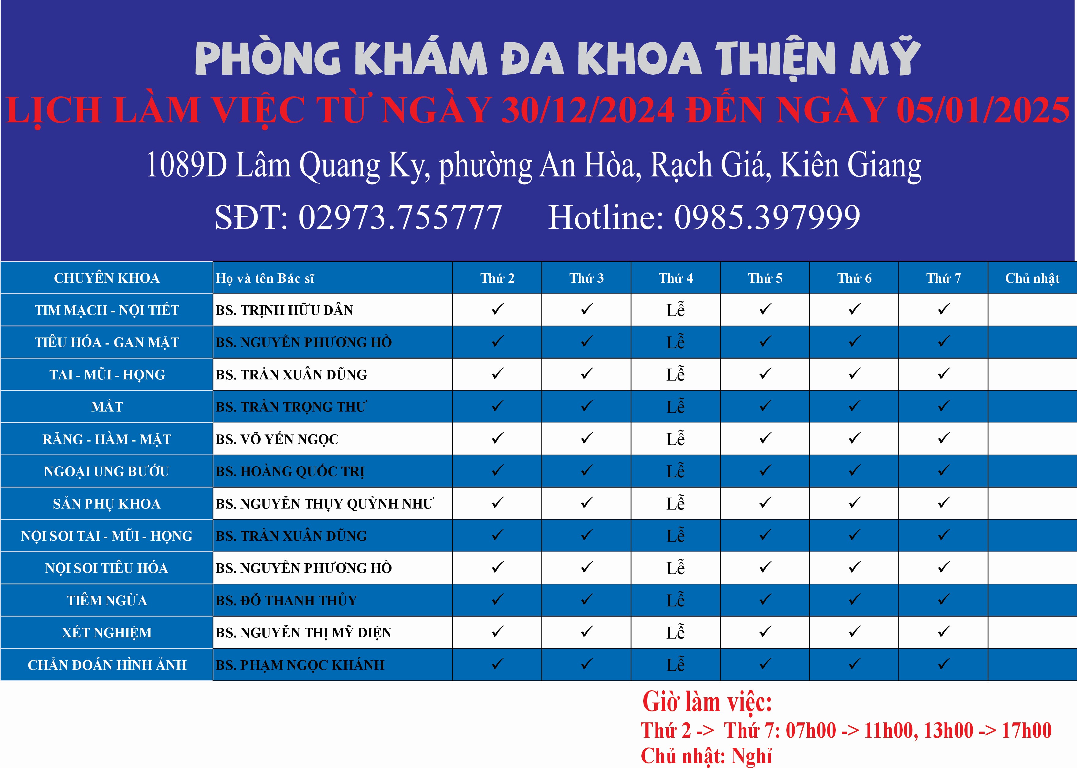 LỊCH LÀM VIỆC TỪ NGÀY 30/12/2024 ĐẾN 05/01/2025